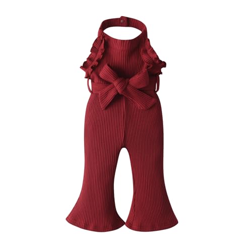 Image of Derouetkia Infant Baby Girl Romper Summer Sleeveless Halter One Piece Jumpsuit Cute Bell Bottom Pants Outfits Clothes