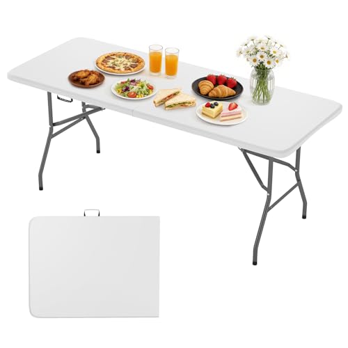 Image of BestOffice 6 FT Picnic Table, Portable Plastic Folding Table with Carrying Handle Perfect for Picnics, Parties, Party and Camping, White