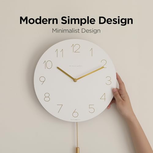 mooas Flatwood Wall Clock Pendulum White,12" Wood Wall Clock Non-Ticking Sweep Movement Decorative Clock Battery Operated Clock for Home Living Room Kitchen Bedroom Office School - Image 4