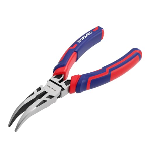 Image of WORKPRO Premium 6 inch Bent Needle Nose Pliers(Smooth Jaw), Paper Clamp Precision, Heavy-Duty CRV Steel, Soft Grip with Wire Cutter, Long Nose Cutting Pliers