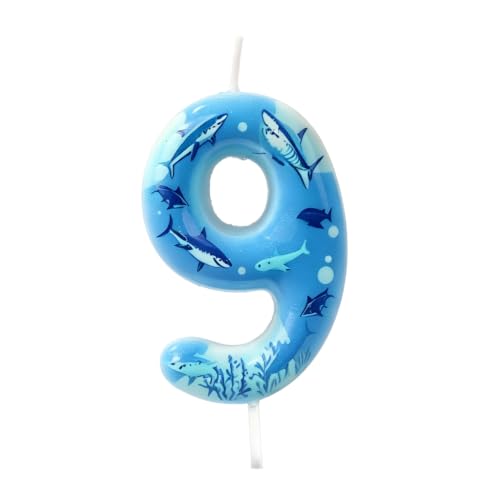 Shark Birthday Candle 9,Ocean 9th Birthday Decoration for Boys 9 Year Old