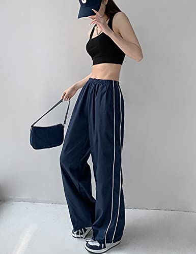 Yimoon Women's Baggy Y2K Track Pants Casual Loose Side Stripe Parachute Pants Elastic Waist Wide Leg Cargo Pants(Navy-M) #TOP3