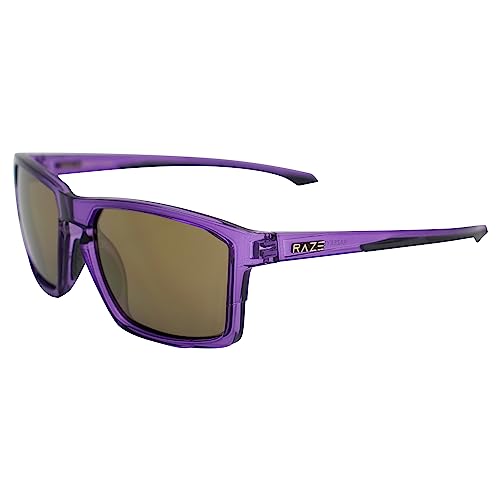 Raze Eyewear Journey Trendy & Fashionable Sunglasses Crystal Purple Gloss Frame w/Charcoal Accents & Smoke Gold Z Lenses