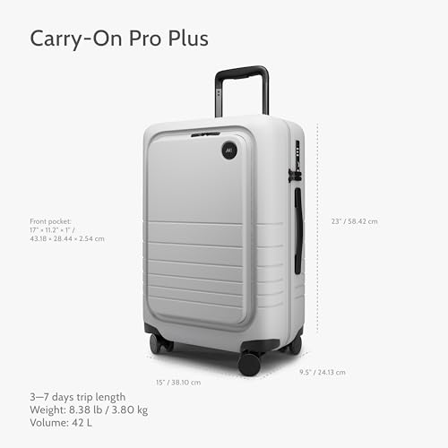 Image of Monos Carry-On Pro Plus Luggage 23 Inch - Hardside Spinner Suitcase with TSA Lock & Laptop Front Pocket | Airline Approved, 42L Polycarbonate Rolling Carry On | Fits 16 inch Laptop | Stellar White