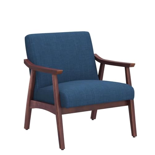 BELLEZE Mid-Century Modern Accent Chair Upholstered Linen Fabric Armchair with Wooden Frame Legs, Cushioned Seat and Backrest for Living Room - Bianca (Navy Blue)