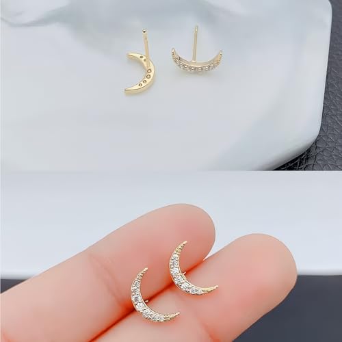 Hinvan 3 Paar Mond Stern Ohrringe Gold Ohrstecker Damen 925 Sterling Silber Ohrringe Sterne Ohrstecker Gold Klein Set Zirkonia Ohrschmuck Schmuck für Damen Mädchen Frauen