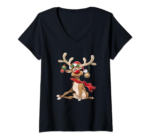 Christmas T-Shirt Women's Gifts for Him Funny Reindeer V-Neck T-Shirt