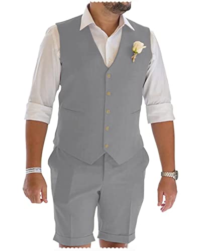 Groomsmen Linen Suit Vest 2 Pieces Wedding Summer Beach Waistcoat Shorts Sets - Main Image