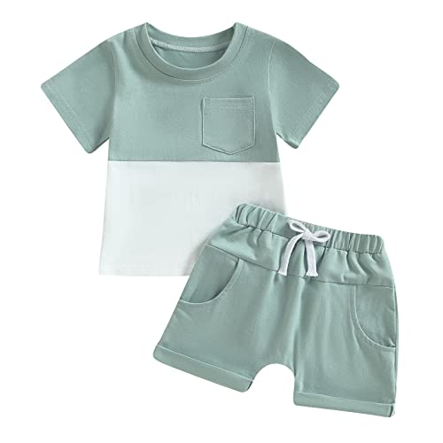 Image of Infant Toddler Baby Boy Clothes Set Short Sleeve Color Block T-Shirt Solid Rolled 2pcs Shorts Set Summer Outfit (B Green, 6-12 Months)