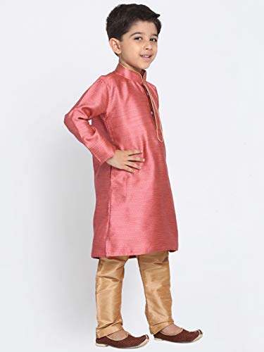 Image of JBN Creation Boys' Full Sleeve Silk Blend Kurta Pyjama Set with Mandarin Collar, Featuring Ethnic Motifs, Self-Design, and Embellishments - Perfect for Festivals and Special Occasions