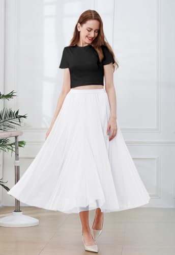 SANGTREE Women's Tulle Skirts, Elastic High Waist A Line Basic Long Tutu Layered Mesh Maxi Swing Skirt White, X-Small4