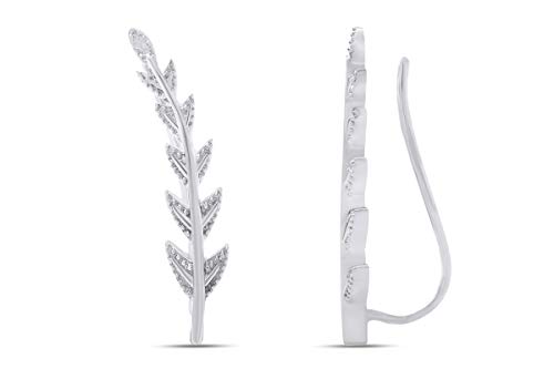 Ear Crawler Cuff Earrings 14K White Gold Over Sterling Silver Ear Climber Studs Olive Leaf Hypoallergenic #TOP1