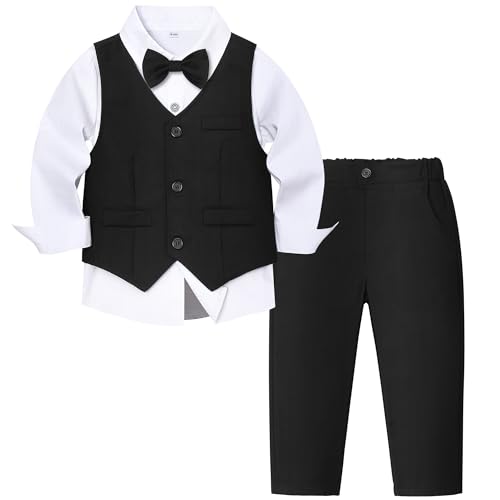 Juivesia Toddler Boy Suit Set Baby Tuxedo Boys Formal Outfit Shirt Vest Pants Bow Tie Wedding Graduation Birthday Party (Black 3-4T)