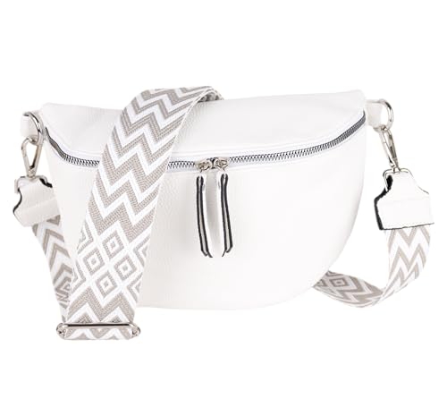 MIRROSI Bauchtasche Damen Veganleder 26x18x9cm Umhängetasche Brusttasche Crossbody bag Kunstleder leder verstellbare Schulterriemen Bohemian Style (Weiß)