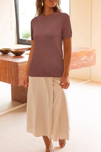 Image of Arach&Cloz Women's Lightweight Wool Blend Short Sleeve Sweater Top Business Casual