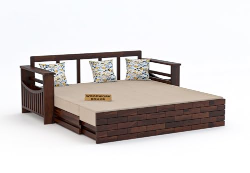 Image of Solid Sheesham Wooden Sofa Cums Bed with Mattresses for Living Room|Rosewood 3-Person Sofa Cums Bed for Bedroom Without Pillow (H-Walnut Finish)