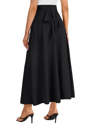 Rooscier Women's Elastic High Waist Tie Knot Back A-Line Flared with Pockets Long Skirt2