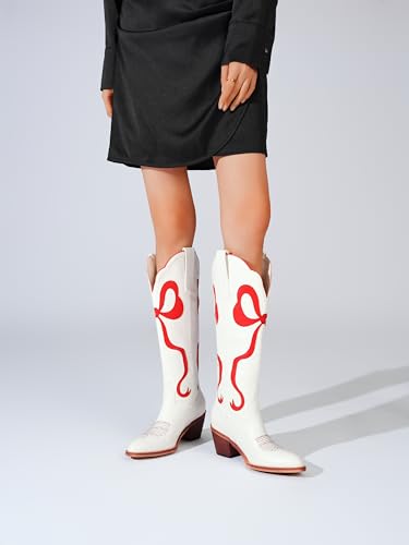Image of Women's White Cowgirl Boots with Bow Knee High Cowboy Boots Almond Round Toe Chunky Heel Embroidered Western Cowboy Boots for Women