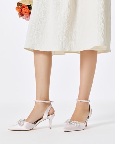 Coutgo Womens Bowknot Heels Pumps Stiletto Closed Pointed Toe Pearl Ankle Strap Wedding Dress Shoes2