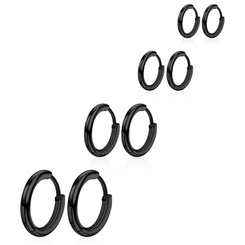 4 Pairs Hoop Earrings for Men 316L Surgical Steel Hoop Earrings 8mm 10mm 12mm 14mm Black Piercings Cartilage Earring Hoops for Women Men(Black)