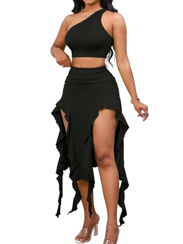 Image of BARASA Women Summer 2 Piece Skirt Sets Comfy Ruffle Trim Irregular Split Sexy Y2k Club Party Tops Jellyfish Skirt Suits S69