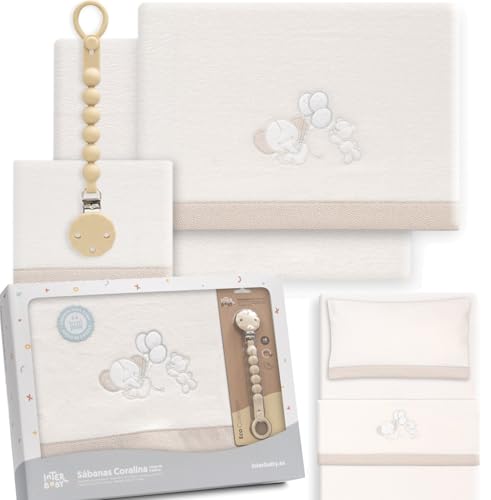 mibebestore - Sábanas de Coralina para Cuna 60x120 cm | Invierno Extra Suave y Cálido | 3 Piezas: Bajera Ajustable, Encimera y Almohada | Certificado Oeko-Tex | Elefante Beige | Fabricado en España