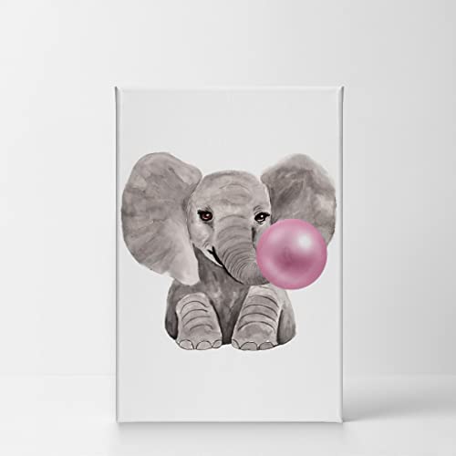 Smile Art Design Cute Baby Elephant Animal Bubble Gum Art Pink Canvas Print Watercolor Painting Wall Art Home Decoration Pop Art Kids Room Decor Nursery Ready To Hang Made In The Usa 12X8 #TOP1