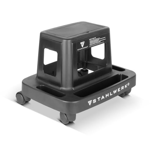 STAHLWERK Mobiler Werkstatthocker MWH-135 ST – 135 kg Tragkraft, rollbarer Werkstattsitz, Werkstattstuhl, Rollhocker, Arbeitshocker, Werkstattrollsitz mit Lenkrollen, Innenfach und Ablagemulden