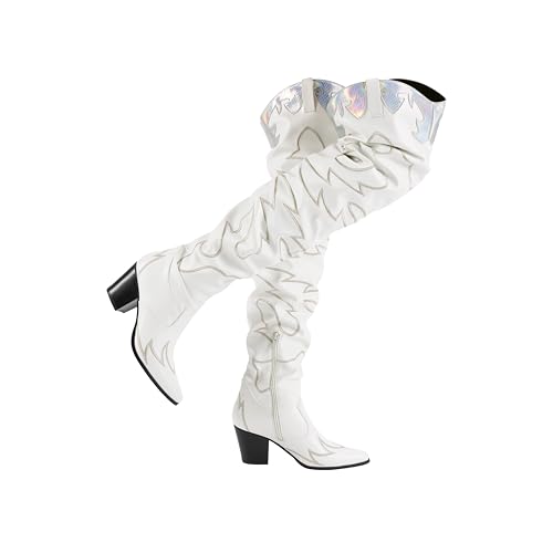 DREAM PAIRS Western Cowboy Boots Over The Knee Western Cowgirl Boots Women Thigh High Boots 11 White
