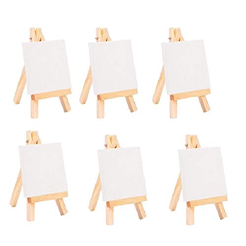 JMD 6 Sets Mini Canvas and Wooden Easel Painting Craft Drawing Art Display Desktop Decoration OrnamentsWhite Blank Stretched Panel Boards for Artist Painting Business Wedding Christmas Decoration