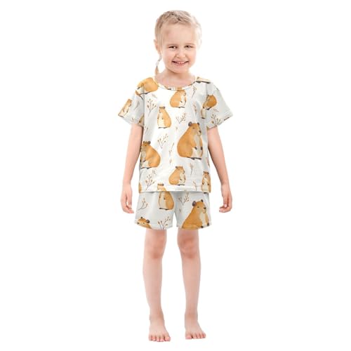 ALAZA Capybara Cartoon Cute Pajamas Set Short Sleeve Cotton Sleepwear Summer Pjs 2 Piece 5-14Y3