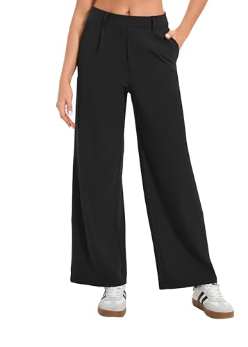 Oyamiki Womens Stretchy Wide Leg Business Casual Black Dress Pants Soft High Waisted Trousers with Pockets Fall Office Fashion M