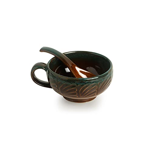 Image of ExclusiveLane Ceramic Handled Soup Bowl Set with Spoon (300ml, Amber, Teal Tints)-Set of 4| Ceramic Soup Bowl with Spoon Soup Bowls Set of 4 with Spoons Bowls for Soup|