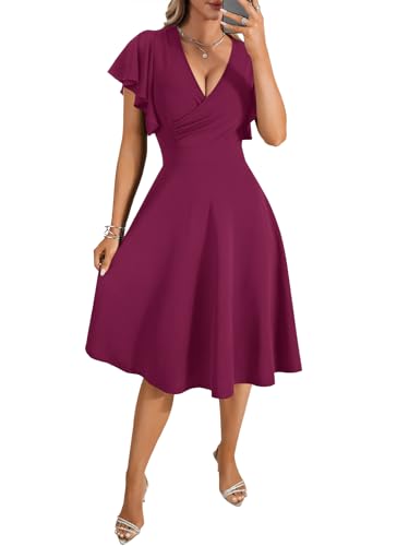 Image of LYANER Women's Warp V Neck Ruffle Short Sleeve A Line Swing Flared Cocktail Party Midi Dress