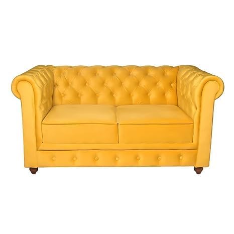 Image of Solid Wood Velvet Fabric L Shape Sofa Sofa for Living Room Button Tufted Sofa Chair for Home & Office (Left Aligned L-Shaped (2 Seater Yellow)