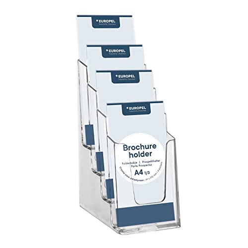 EUROPEL Porte-brochures multicases, support de brochure acrylique transparent, 4 compartiments 1/3 A4, à poser ou accrocher au mur, présentoir pour bureaux, dépliant, flyer Cover