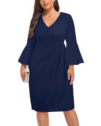Women Plus Size Work Dress - Semi Formal Wedding Guest Church Business Office Interview V Neck Bell Sleeve Dress