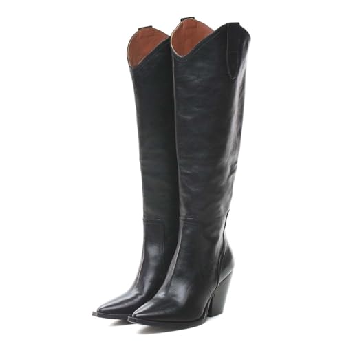 XYD Women Block Chunky Heel Cowboy Boot Knee High Pointed Toe Side Zip Festival Weekend Dress Bootie Shoes2