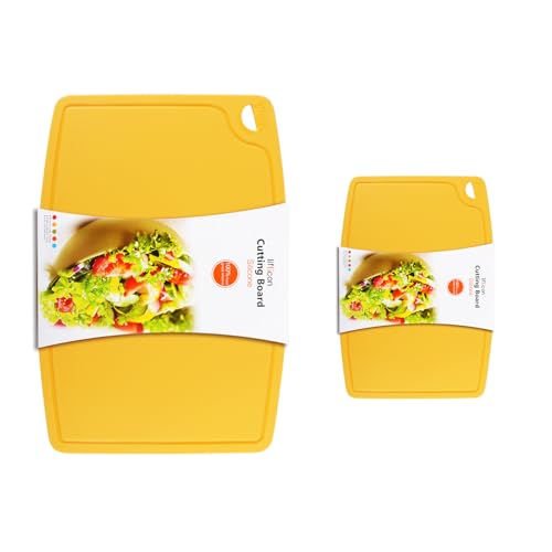 Thick Silicone Cutting Boards for Kitchen Silicone Chopping Boards/Mats Set of 2 Extra Large14.6''x10.43'', Mini 9.1x7.1 Non-slip Deep Drip Juice Groove, Dishwasher Safe-Yellow