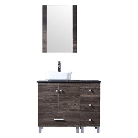 BATHJOY 36” Modern PLY Wood Bathroom Vanity Cabinet Square Ceramic Vessel Sink Top Free Faucet Drain with Mirror Cover