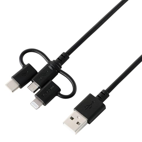 エレコム 3in1 充電ケーブル [ Lightning+Type-C+microUSB ] 1m やわらかケーブル USB-A接続 Apple認証品 【MFi認証取得品】 【 iPhone/MacBook/iPad/Galaxy/Android など対応 】 ブラック MPA-AMBLCEC10BKの商品画像（Amazon）