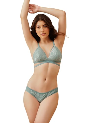Image of Clovia Women's Lace Non-Padded Non-Wired Demi Cup Cage Bra & Low Waist Panty Set in Blue