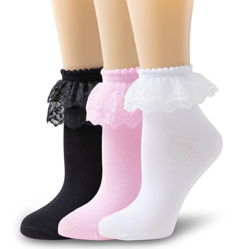 Image of Women Double Layer Ruffle Socks with Lace Trim - Princess Dress Socks, 3 Pairs