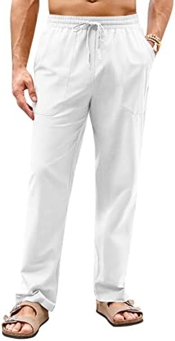 PASLTER Men's Cotton Linen Pants Elastic Waist Drawstring Casual Trouser Lightweight Straight-Legs Loose Beach Yoga Pants White