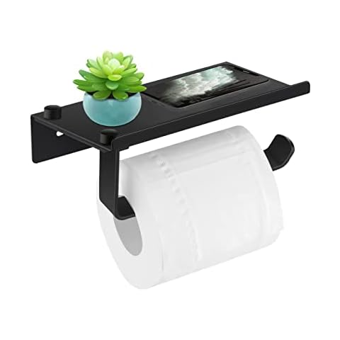 Gofady Toilet Paper Holder with Shelf, Nail-free Glue and Drilling, Wall Mounted Toilet Roll Holder, SUS 304 Stainless Steel, for Bathroom Black Cover