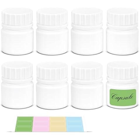 UMETASS Small Pill Bottle for Travel Screw Top, Empty Medicine Bottles with Labels, 1 oz Wide Mouth Storage Containers for Capsule Vitamin DIY Making (White, 8 Pcs) Cover