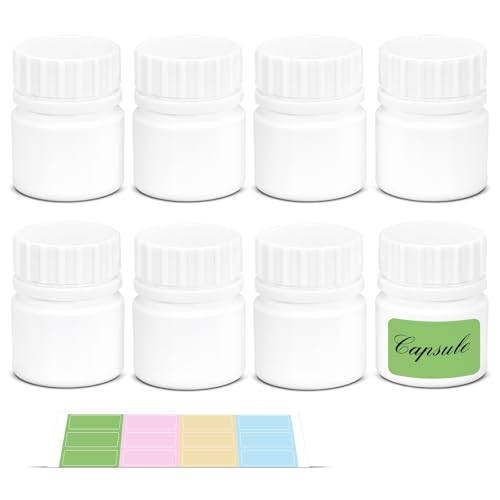 UMETASS Small Pill Bottle for Travel Screw Top Empty Medicine Bottles for Pills Capsules Vitamins Food Grade Wide Mouth Plastic Small Travel Medicine Containers with Labels (White 1oz/30ml 8 Pcs)