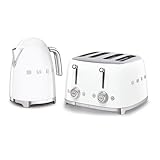 Smeg 50’s Style Retro Range Breakfast Set, 1.7L 3000W Kettle and Multi-Functional Control 4-Slice 2000W Toaster, White, KLF03WHUK/ TSF03WHUK