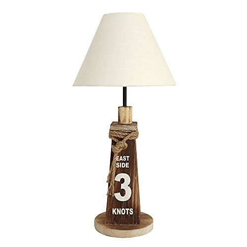 Grafelstein Tischlampe KNOTS im Long-Island-Style - Maritime Lampe mit Schrift & Dekoseil, Lampenschirm Ø 25 cm, Gesamthöhe 53 cm, E27 max. 40W, ohne Leuchtmittel, Holz & Metall, Braun/Weiß
