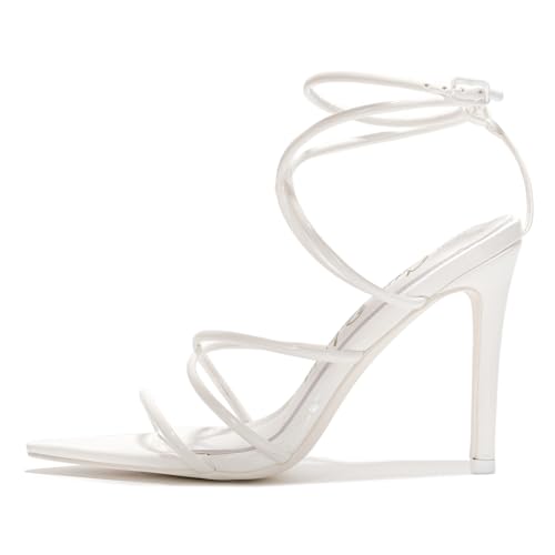 Cape Robbin Women's Open Toe Strappy Heels - Elegant Pointy Nude Sandals with Ankle Strap, Genuine Leather Insole & 3.75-inch Stiletto Heel (Ada.a) - White Size 8